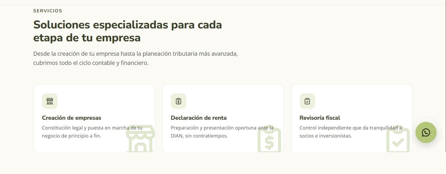 Sección de servicios del sitio corporativo