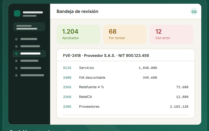 Bandeja de revisión con el asiento contable completo